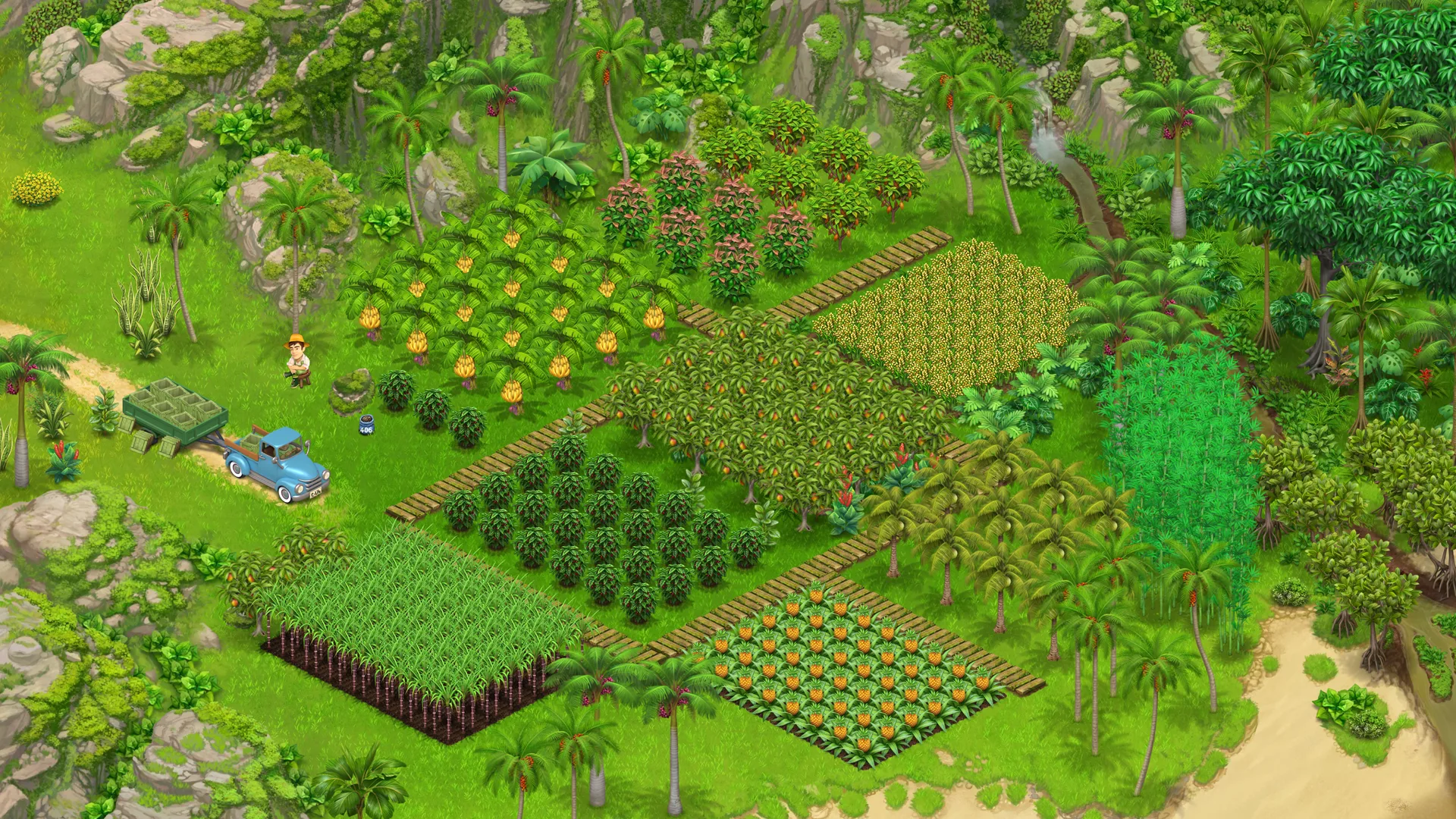 A tropical island farm with palm trees and pineapples in Country Life Meadows